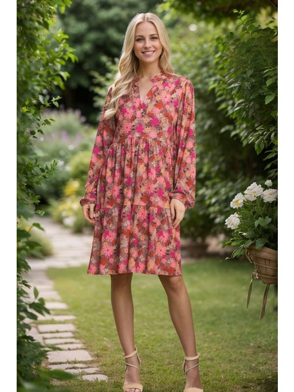 MOCHA MULTI ED6794-12 MANDARIN COLLAR NECK FLORAL TIERED MINI DRESS for wholesale on Faire1