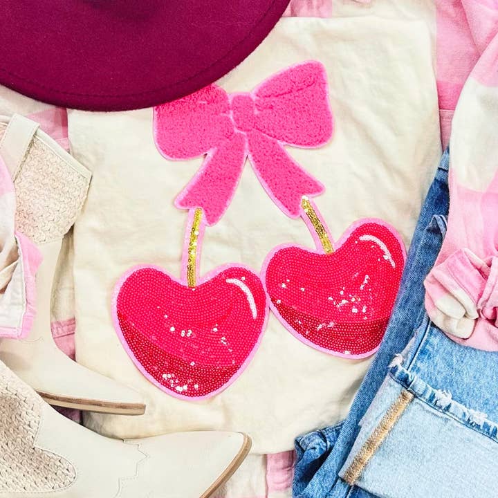 Heart Cherries Sequin Patch Ivory Tee for wholesale by Trendy Tee Co.