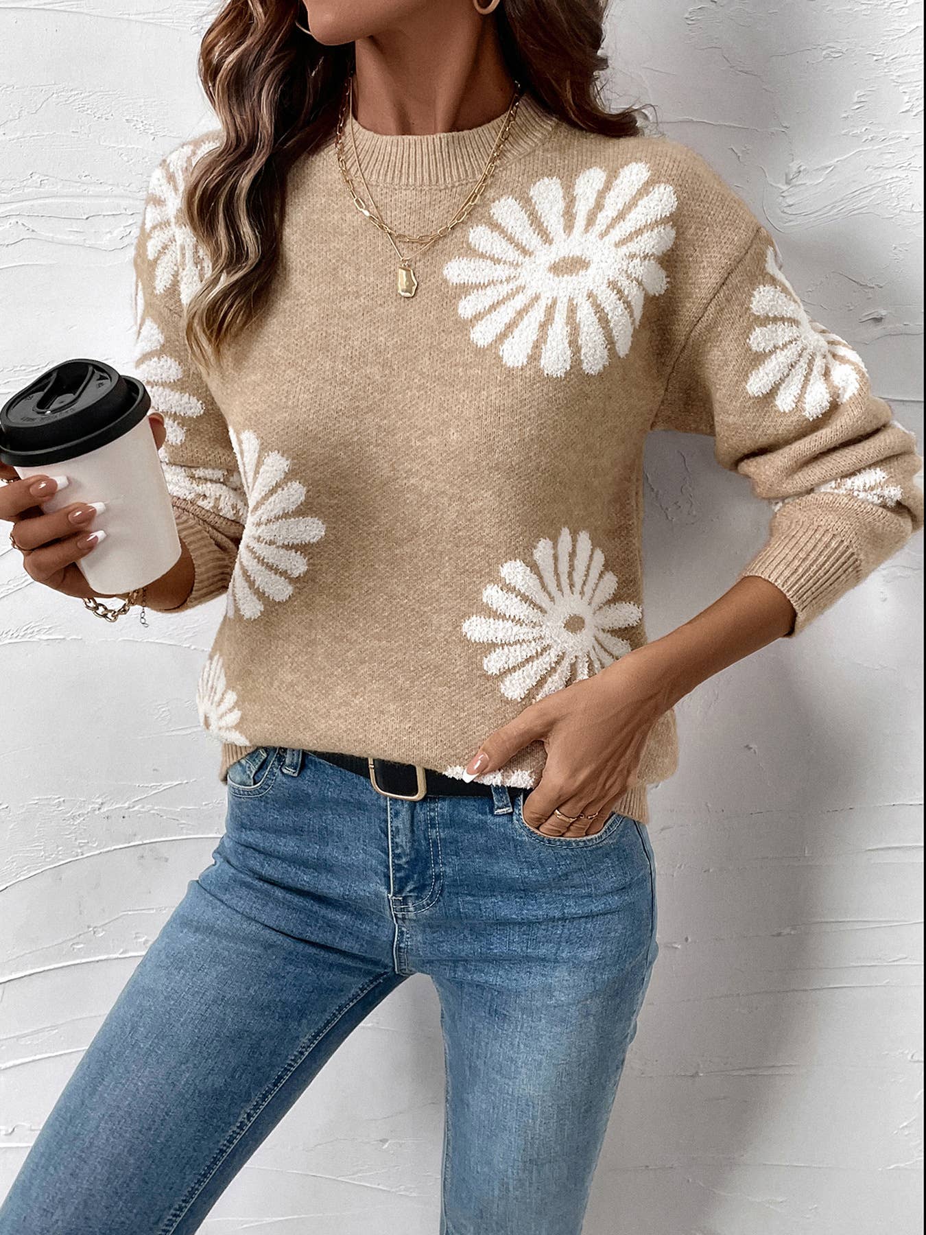 KHAKI LONG-SLEEVED CREW-NECK JACQUARD PULLOVER SWEATER for wholesale on Faire2