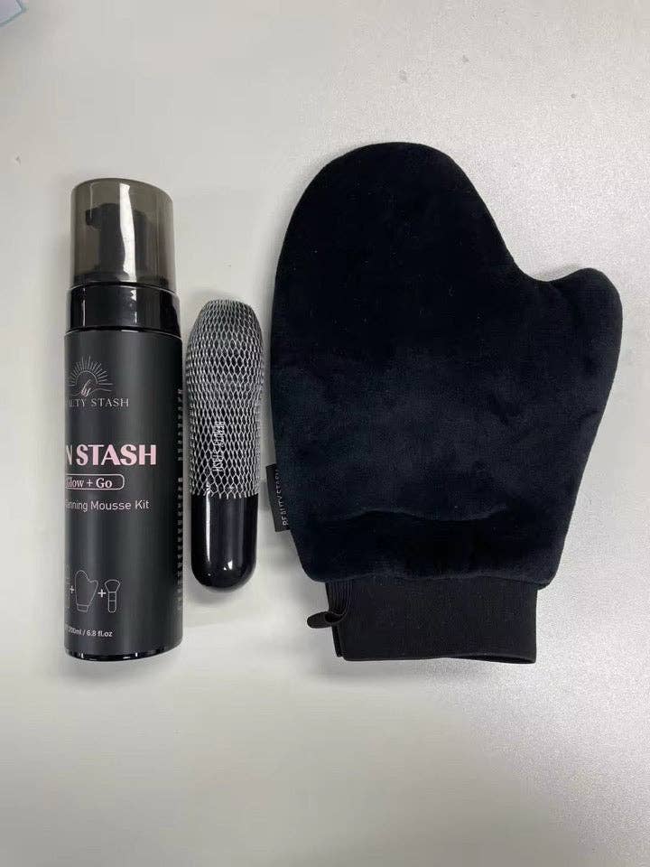 Beauty Stash - Wholesale Self-Tanner - Sun Stash Glow + Go Complete Tanning Kit – Sunless Self-Tanning Foam with Mitt & Brush, 6.3oz1