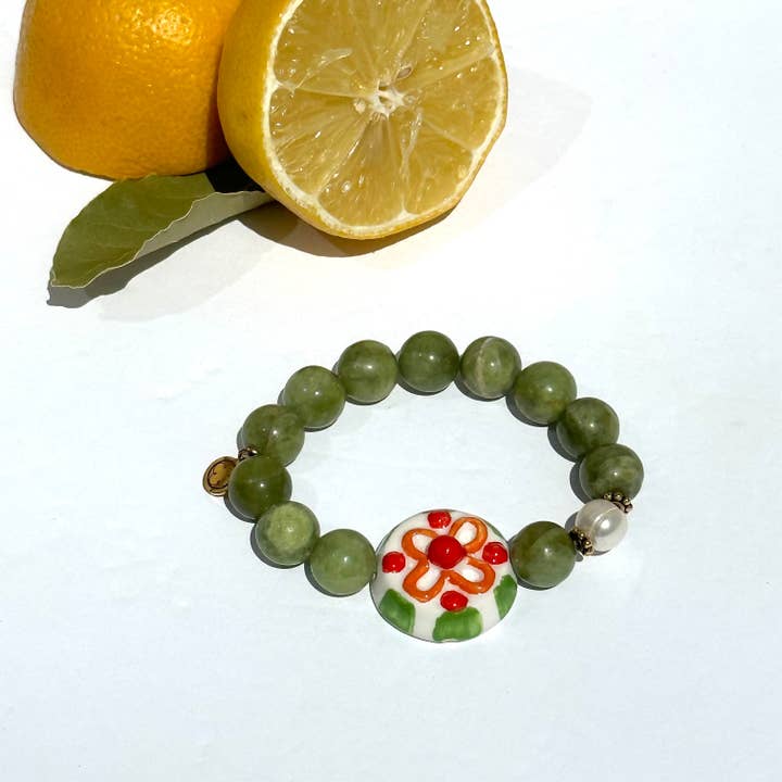 Green Garnet with Handpainted Ceramic "Cassata Siciliana" for wholesale by Oriana Lamarca Designs