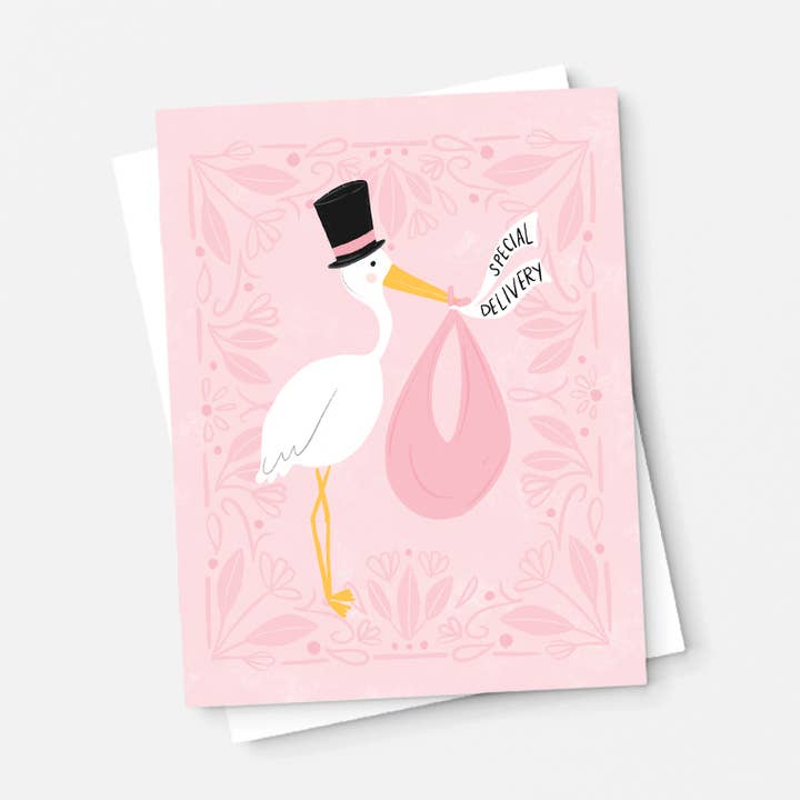 Special Delivery, Girl Baby Shower Card, Baby gift, Pink for wholesale by Pen & Paint