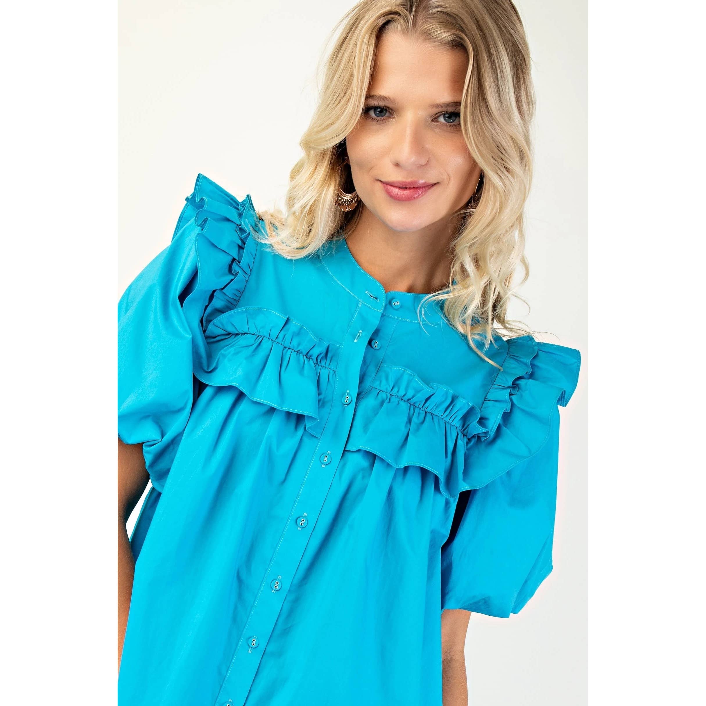 BNS - Wholesale Dress - Women's - Puff Sleeve Mini Dress w_Mandarin Collar n Ruffle10