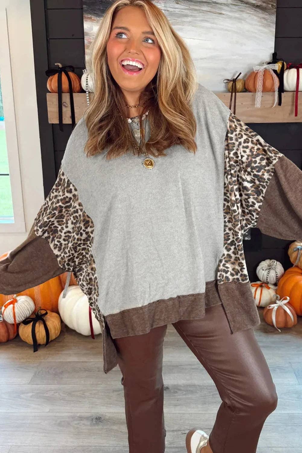 Gray Plus Size Leopard Color Block Patchwork Dolman Sweatshirt for wholesale on Faire2