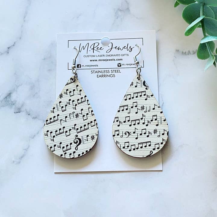 Music Sheet Notes Teardrop Musician Wood Dangle Earrings for wholesale by M.Ree Jewels Creative