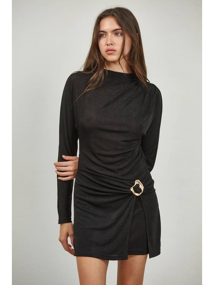 Edit by Nine - Wholesale Dress - Women's - Shimmer Ruched Mini Dress with Metal Accent