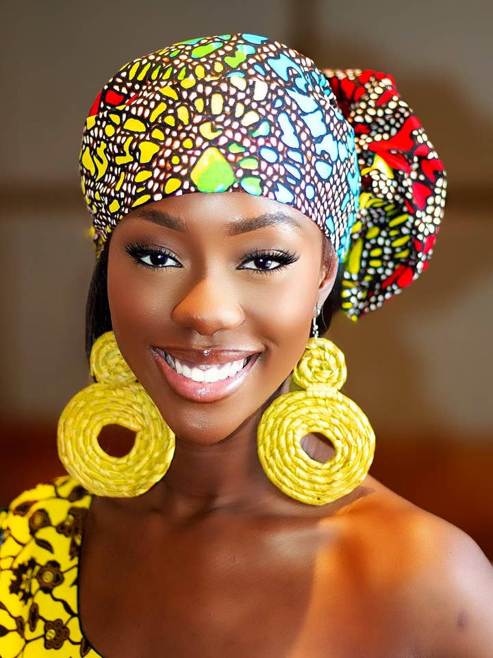 Pacote de Presente African Ankara Impressão/Headtie com Brinco de Rattan - Olaa por atacado de CUMO London