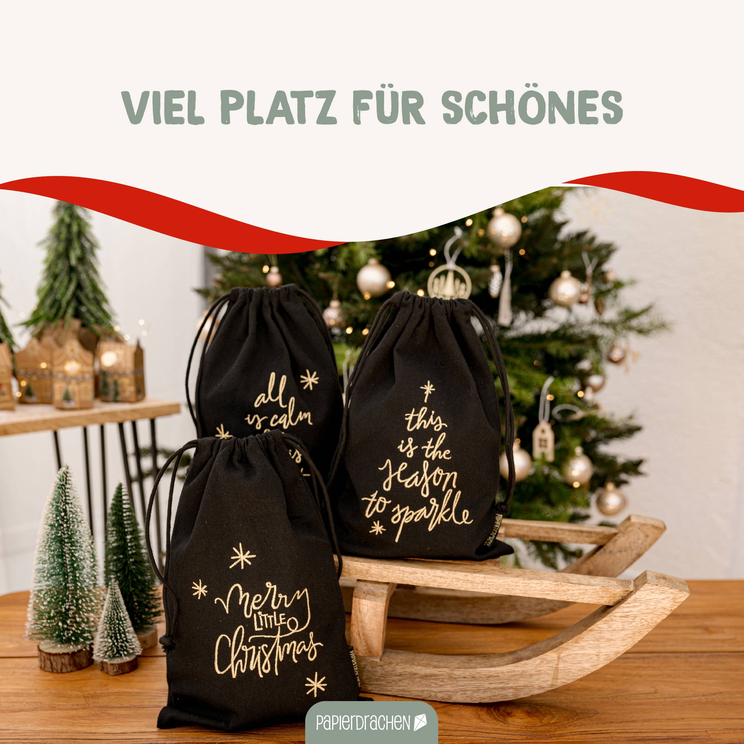 Papierdrachen - Vente Décoration de Noël - 3 sacs-cadeaux en or noir - Set 262