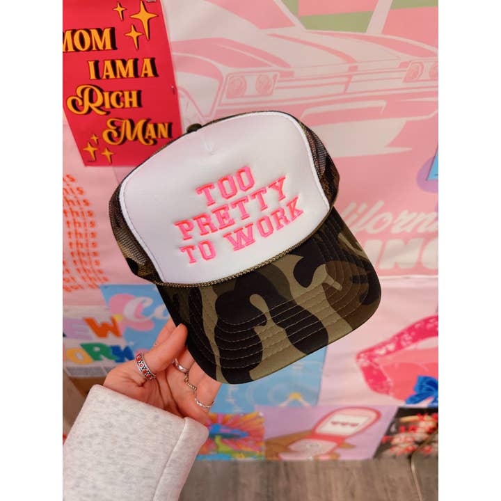 Happy Hour - Wholesale Trucker Hat - Women's - Too Pretty To Work Trucker Hat. Trendy Trucker Hats Embrodir