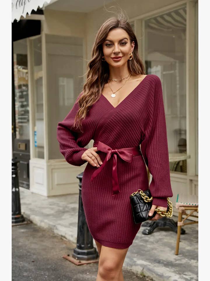 GEXWORLDWIDE – Engroshandel Kjole - Dame – Lang lanterneærme slank sweater omslagskjole akryl9