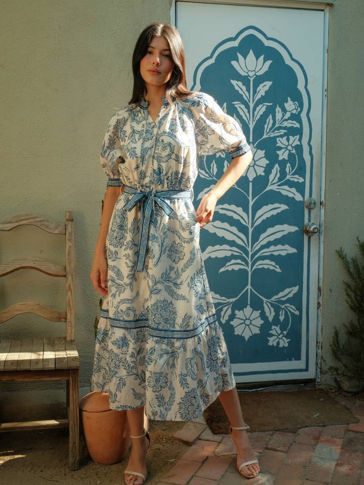 Botanical Border Print Tie-Waist Midi Dress for wholesale by Polagram by Wellmade USA