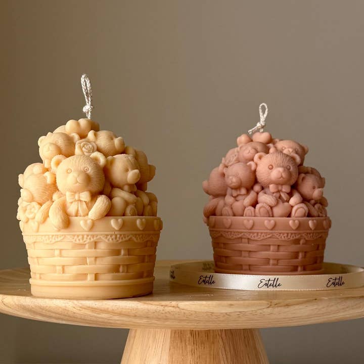 Estelle Studio - Wholesale Novelty candle - Teddy Bears Basket Candle: Shaped Soy Wax Candle, Home Decor