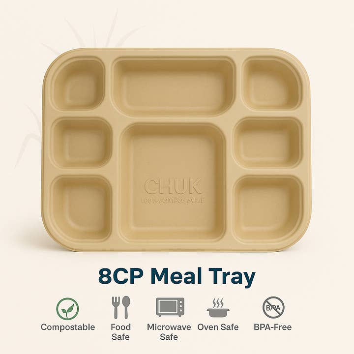 Plateau-repas à 8 compartiments (Caisse de 750 | 18 x 25 paquets) - 100 % compostable fabriqué à partir de bagasse de canne à sucre pour la vente par Nutribite EcoWare