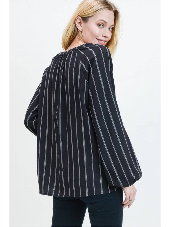 Cotton Bleu - Wholesale Blouse - Women's - Women's Striped Washed Cotton Blouse with Ladder Trim 61709W