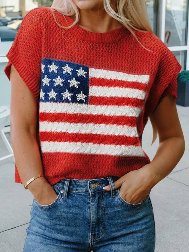 Spring Flag Graphic Short Sleeve Sweater Top (S-XL) for wholesale by 66DISCO