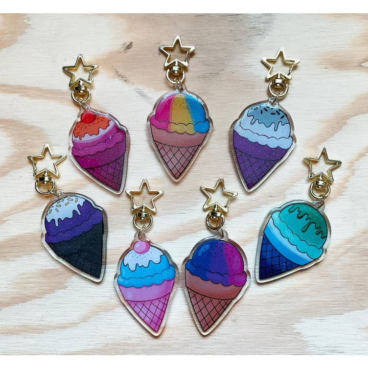 Pride Flag Ice Cream Cone Glitter Acrylic Keychains for wholesale by Summer Break Studio