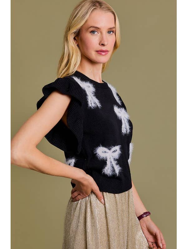 GILLI - Wholesale Knit Top - Women's - Round Neck Ruffle Sleeve Bows Knit Top