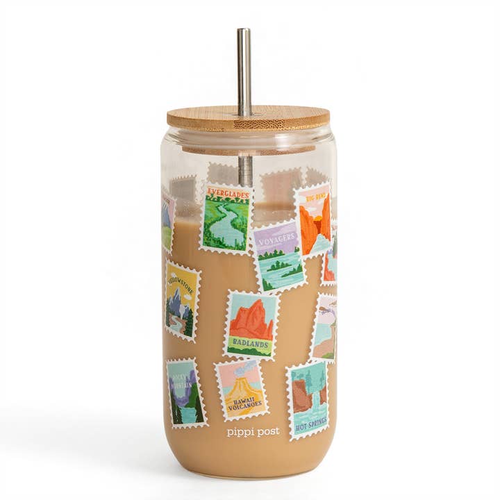Pippi Post - Wholesale Drinking Glass/Cup - National Parks Postage Stamps Glass Can