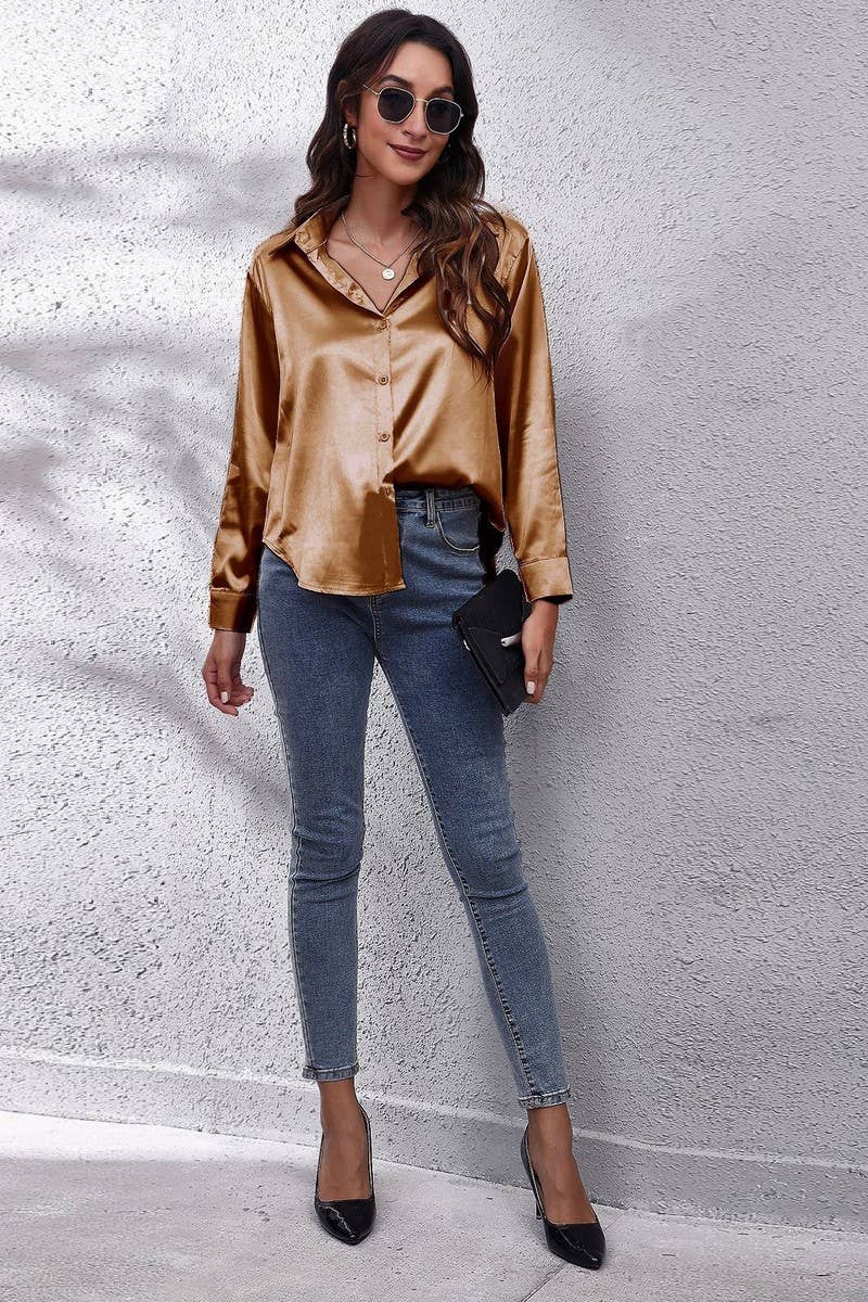 NINEXIS - Wholesale Button Down Shirt - Women's - CWTBLL0691_Button Down Silky Satin Long Sleeve Top20