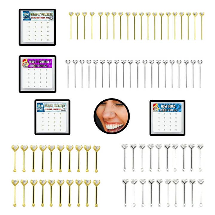 Lion Gothic - Wholesale Jewelry Set - 20PCS Nose Studs Rings 22G Sterling Silver Crystal CZ