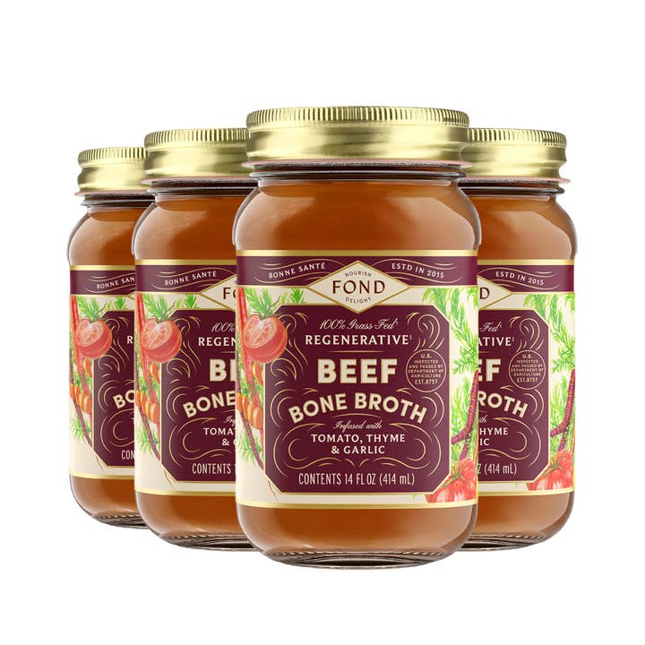 Tomato & Thyme Grass-fed Beef Bone Broth 14oz for wholesale by Fond Regenerative