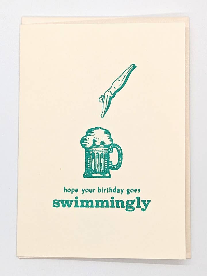 Anniversaire à la nage - Carte imprimée en letterpress originale pour la vente par Wingedprints