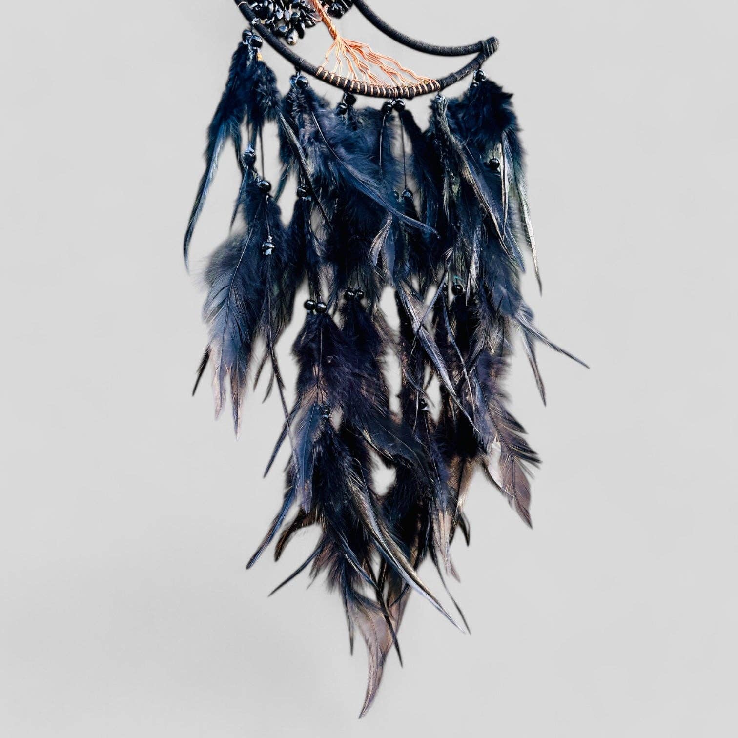 Guzel Handcrafts - Wholesale Dream Catcher - Medium Wall Hanging Crescent Moon Dream Catcher with Black Obsidian Stones & Hanging Stone Charm with Feathers Blacked Out Modern Home Decor2