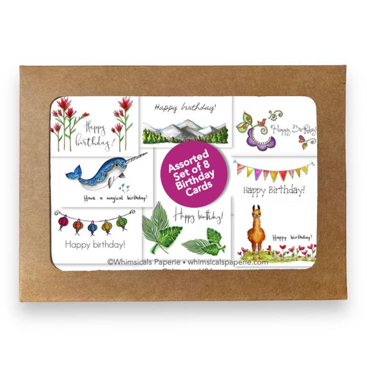 Verschiedene Geburtstagskarten in Schachteln | Vielseitiges Set mit 8 Notizkarten für den Großhandel von Whimsicals Paperie