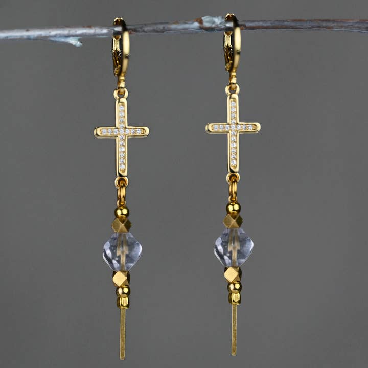 Pave Cross Huggie w/ Semi Precious Stick Drop Earrings for wholesale by KBD Studio