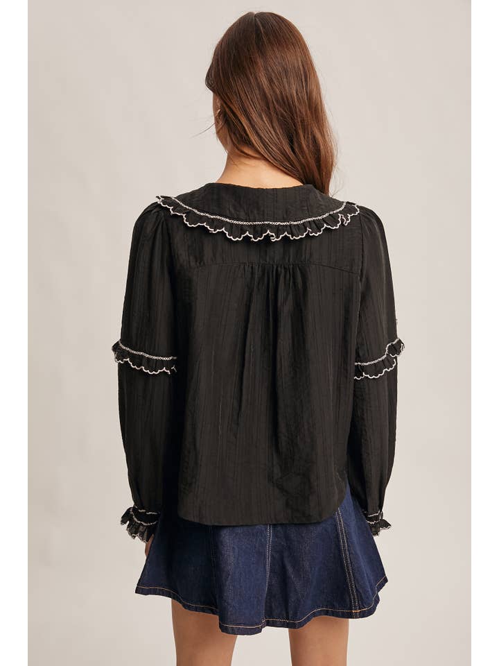 Forte – Großhandel Bluse – Damen – Bestickte Baumwollbluse mit Rüschkragen FT000336