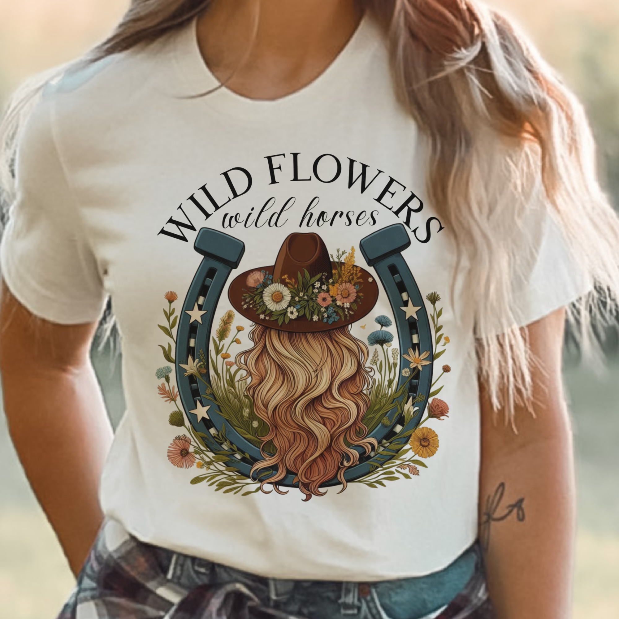 Par.tees by Party On! – wholesale Screen printed t-shirt – Women′s – Wild Flowers and Wild Horses Cowgirl Country Graphic Tee5