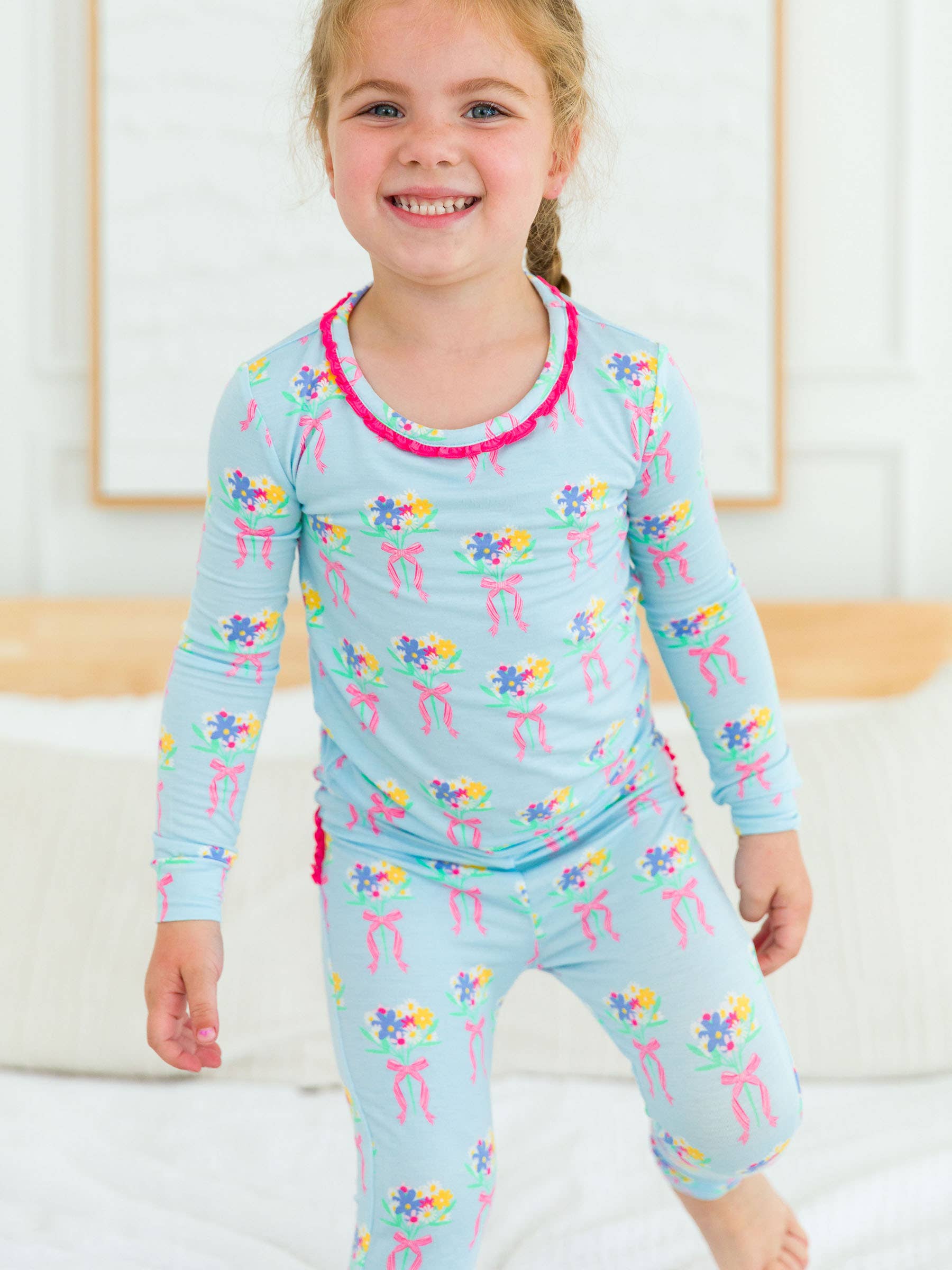 Blue SoftSnooze™ Toddler Girls Bamboo Viscose Bows and Bouquets Ruffle Long Sleeve Pajama Set with Signature Rear Ruffles for wholesale on Faire3