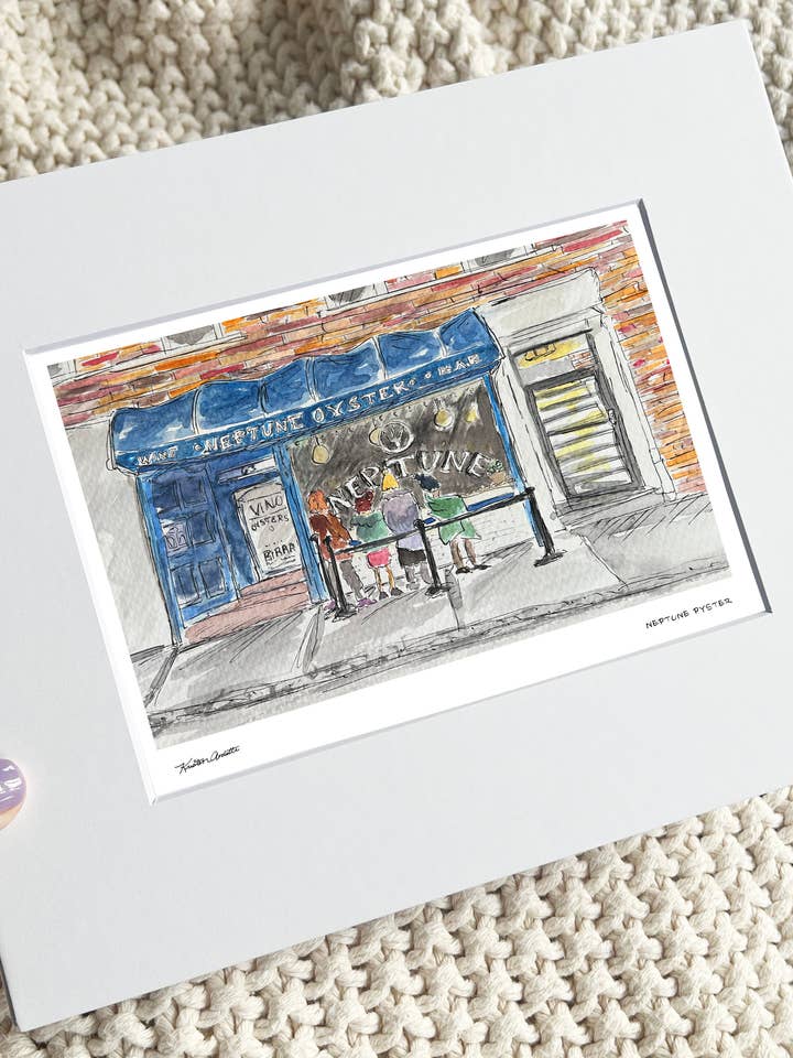 Neptune Oyster (Impression d'art en aquarelle de Boston - North End pour la vente par Sunset Studios Boston: Neighborhood Watercolors