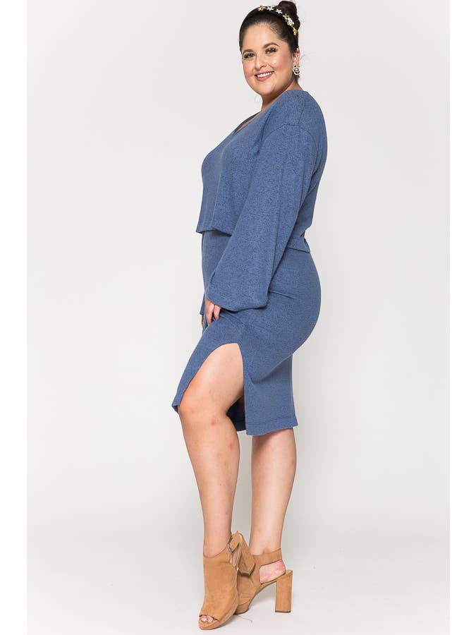 Story Teller - Wholesale Top & Skirt Set - Women's - Plus Size V-Neck Top & Knee Length Slit Skirt 2 Piece Sets