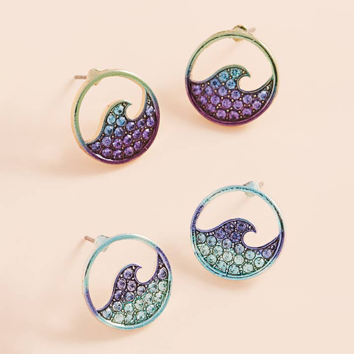 Sensibling Corp. - Wholesale Dangle Earrings - Stone Paved Colored Metal Wave Stud Earrings
1