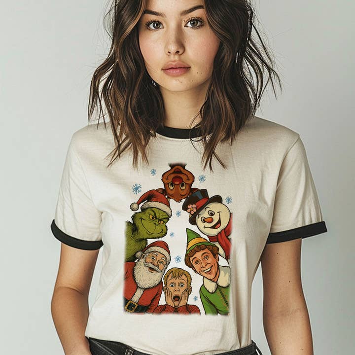 Natural Black Christmas Icons Looking Down Santa Grinch Elf Ringer Shirt for wholesale on Faire0