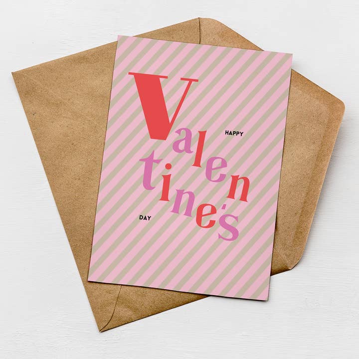 Happy Valentine’s Day Greeting Card – Modern Pink Stripes for wholesale by Greenwich Paper Studio
