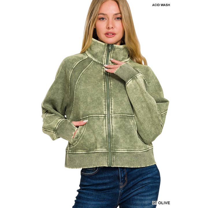 Acid wash zip up fleece jacket for wholesale by Apolline