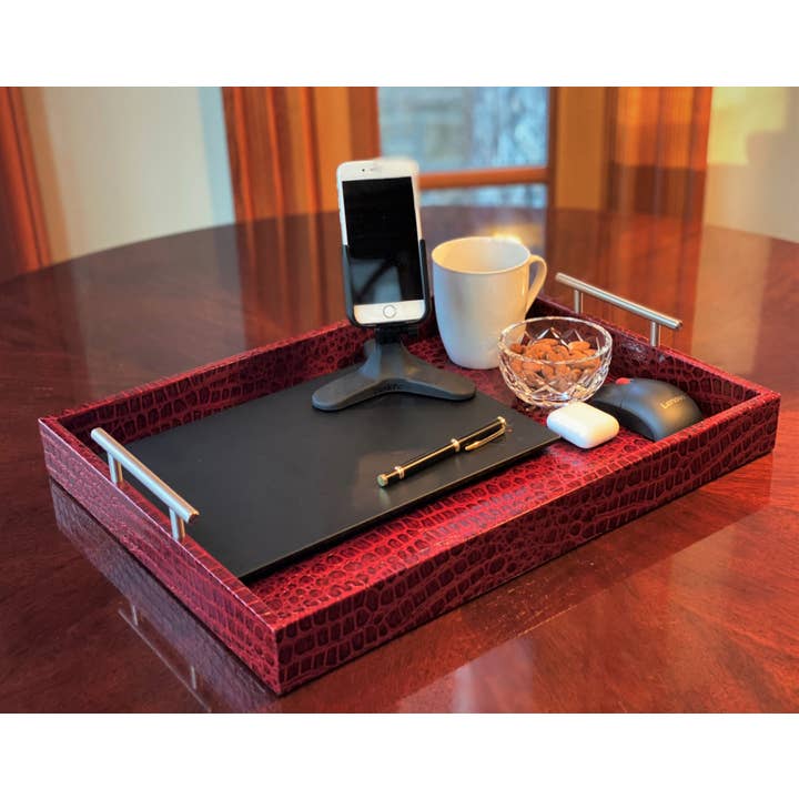 One Preevay Luxury Home Furniture & Decor – Engroshandel Skrivebordsindretning – Professionel bærbar arbejdsstation med dobbelte adgangsport og premium rød præget læder – slidstærk og let1