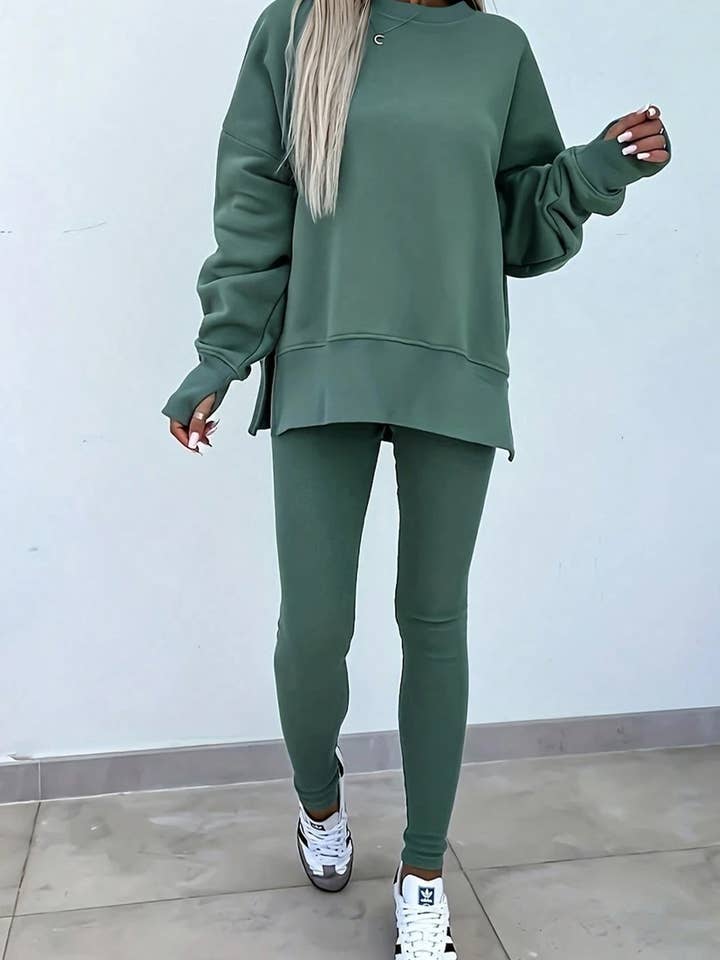 FULL TIME PURCHASE - Wholesale Lounge Set - Women's - Solid Color Oversize Slit Sweatshirt Ribbed Leggings 2pcsSet2