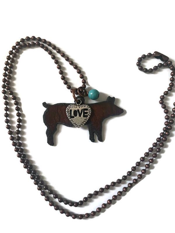 The Rustic Barn - Wholesale Pendant/Charm Necklace - Rustic Show PIG necklace with love charm and turq bead1