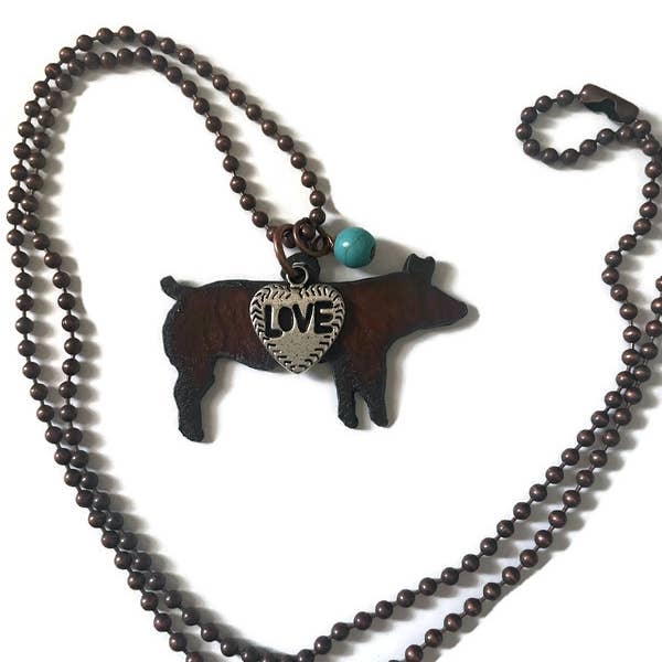 The Rustic Barn - Wholesale Pendant/Charm Necklace - Rustic Show PIG necklace with love charm and turq bead1