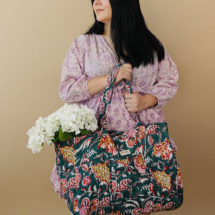 Emerald Garden floral-LARGE quilted market tote-reversible for wholesale by MYNAHbySmitha