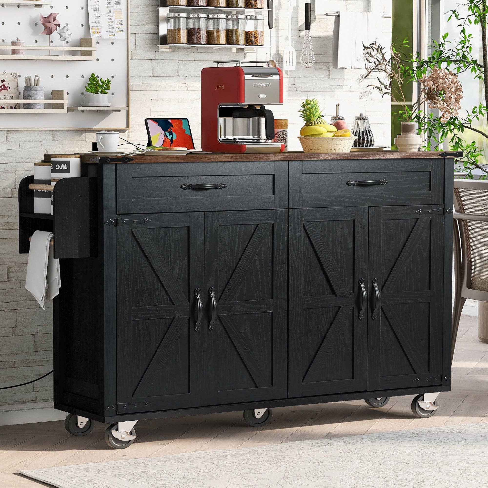 Orange County Decor - Wholesale Kitchen Storage/Organizer - K&K 53.5''Farmhouse Kitchen Island With Power Outlet, Kitchen Storage Island With Drop Leaf, Spice Rack And Drawer, Rolling Kitchen Cart On Wheels, For Home, Kitchen And Dining Room, Black Black13