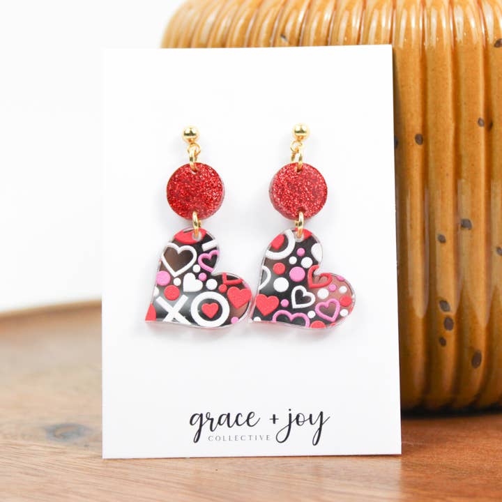 XO Heart Dangle Valentines Day Earrings for wholesale by Grace + Joy Collective