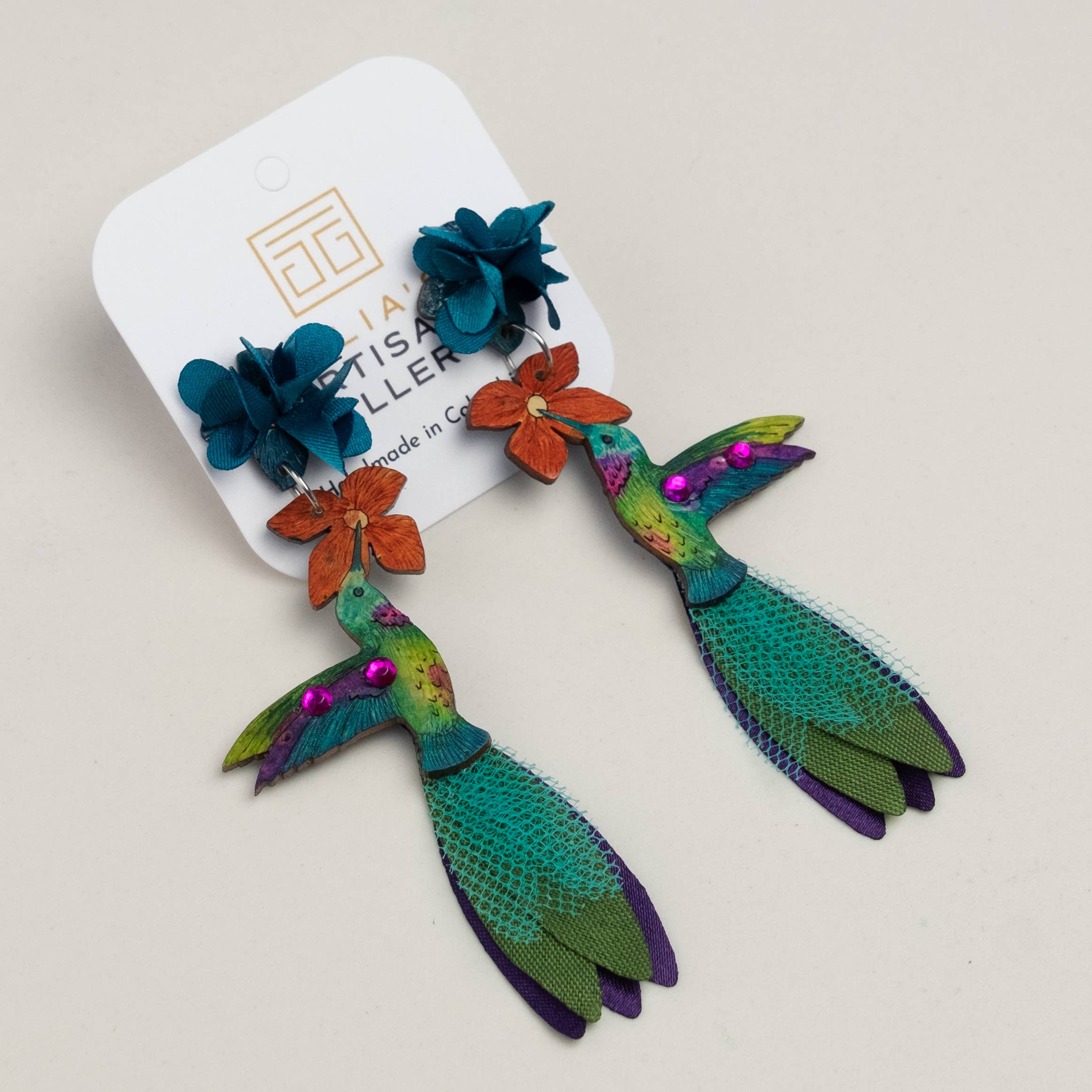 Tulia's Artisan Gallery - Wholesale Dangle Earrings - Hummingbird Earrings - Ruby-Throated LG6