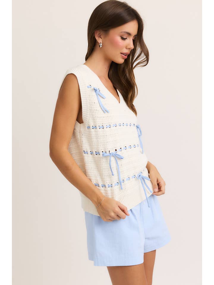 WHITE BABY BLUE BOW DETAIL V-NECK SWEATER VEST TOP for wholesale on Faire
