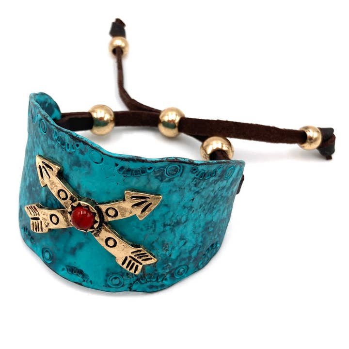 Native Cross Arrow Red Stone Western Patina Bracelet Cuff for wholesale by Lunar Deer