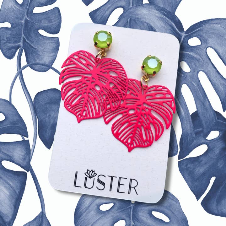 LUSTER – wholesale Dangle earrings – Bold Pink Leaf Unique Lightweight Earrings | Enamel Earrings0