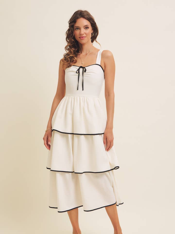 in february - Wholesale Dress - Women's - CONTRAST BINDING WITH BOW MIDI DRESS IN TIERED RUFFLES